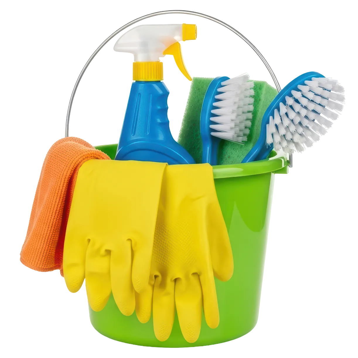 Seau vert avec produits de nettoyage et gants jaunes